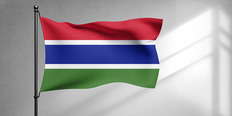 The Gambia national flag cloth fabric waving on beautiful sky Background.