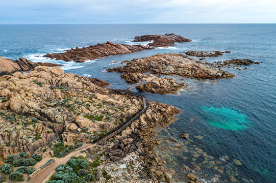 Aerial view of boardwalk among rocky islands.