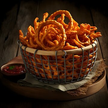 basket of delicous gourmet crispy curly fries 