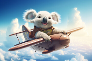 Cute koala animal flying by plane in the sky 3d rendering