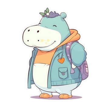 Explore the charm of a flat-colored, cute hippo dressed in adorable clothes