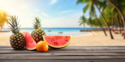 Wooden table with tropical fruits on a blurred beach background