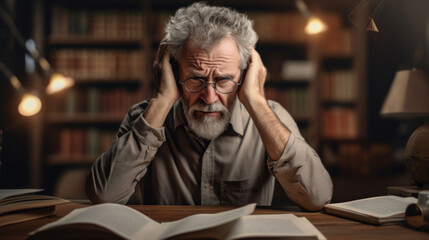Portrait of a sad older man studying hard surrounded by books and notebooks or sorting out financial accounts