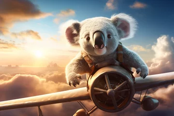 Zelfklevend Fotobehang Cute koala animal flying by plane in the sky 3d rendering © Salawati