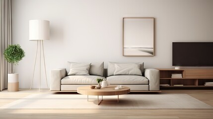 A minimalist living room bathed in light hues, where modern aesthetics meet simplicity, creating a serene and stylish space. Generative AI.