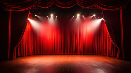 A theater stage with red draperies