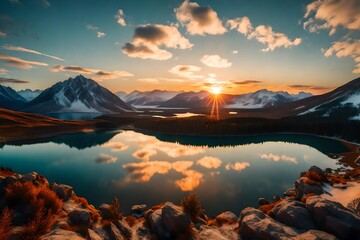 Generate an AI image of a breathtaking sunrise over a tranquil, crystal-clear lake from a high altitude - obrazy, fototapety, plakaty