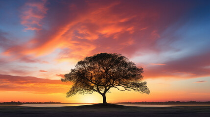 Tree silhouette stands tall against colorful evening sky