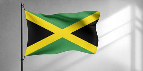 Jamaica national flag cloth fabric waving on beautiful sky Background.