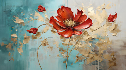 a painting of red flowers on a blue background.   Acrylic Painting of a Red color flower, Perfect for Wall Art.