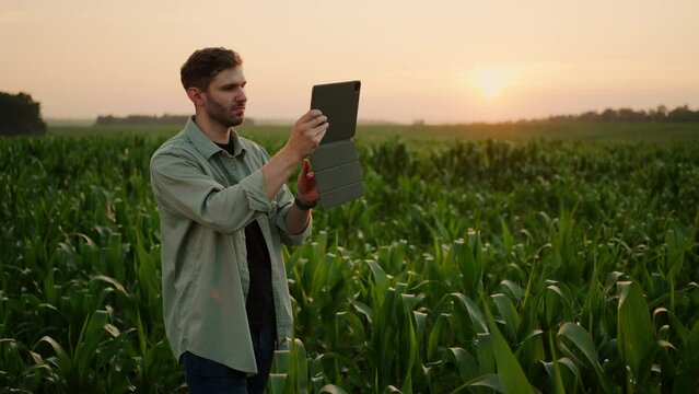 Farmer Or Agricultural Field Owner Taking Picture Of Nature By Tablet, Professional Agronomist