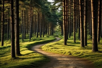 Pine trees forest with winding path amidst green woods, sunlit landscape. Nature, travel, outdoors.
