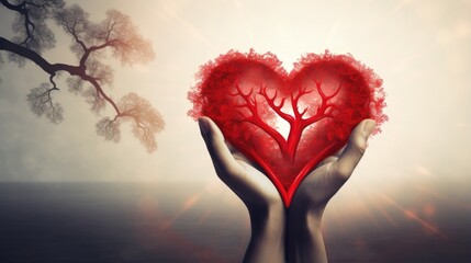 Human hands holding red heart with tree in background.