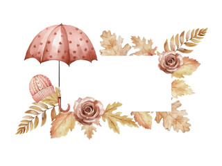 Watercolor vector autumn floral banner with golden dried leaves. Frame made by golden dried leaves, red, pink umbrella, knitted hat, roses, leaves. Template with space for text.