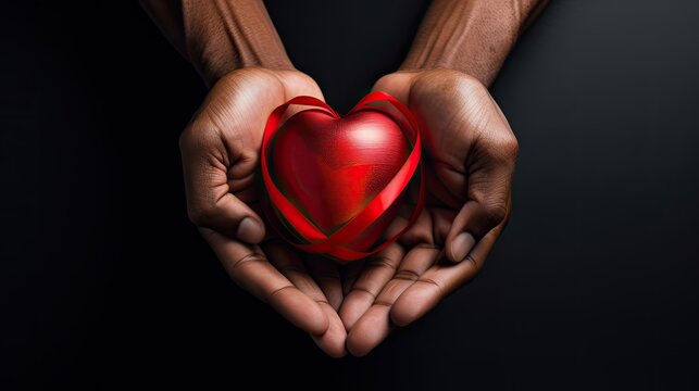 Human hands holding a red heart with a ribbon on a black background
