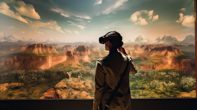 A person immerses in alternate realities, experiencing the marvels of virtual dimensions through a VR headset. Generative AI.