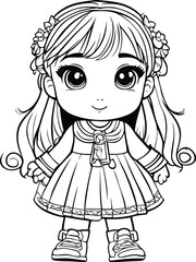 Cute little girl in dress. Vector illustration for coloring book.
