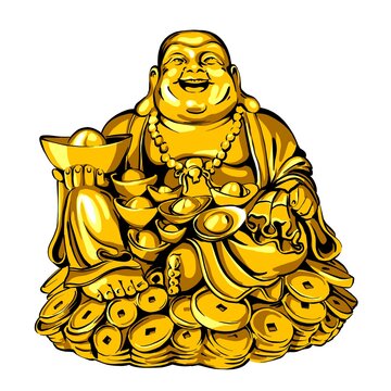 recommend clip art: golden smiling laughing asian Chinese Buddha Monk Netsuke statue colour sketch