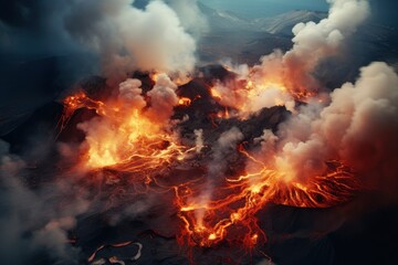 Exploring wilderness. The lava lake inside the crater. Aerial toxic smoke and fire volcanic eruption Iceland. An active volcano belches smoke and ash into the sky. The lava lake inside the crater
