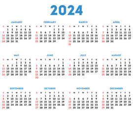 Simple calendar 2024. Vector illustration.