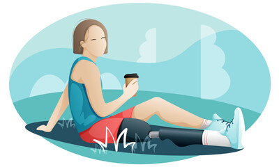 Disabled girl relaxing outdoor with coffee, tea. Girl with prosthetic leg. Vector flat illustration