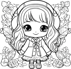 Cute little girl with headphones and flowers. Vector illustration for coloring book.