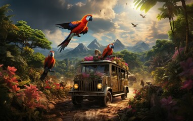 Safari Adventure Parrots Soar Alongside the Vehicle - Powered by Adobe