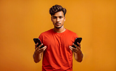 boy holding two cell phones on a yellow background