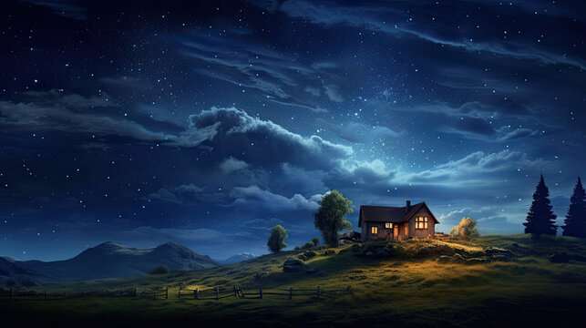 countryside landscape house on a hill night sky farm - by generative ai