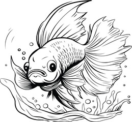Goldfish in the sea. Vector illustration in black and white.