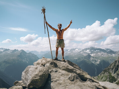 person on top of mountain peak hiking freedom adventurer - by generative ai