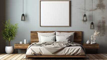 Fototapeta na wymiar Sample frame set against a comfortable taupe bedroom backdrop.