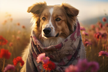 a dog wearing a shawl in a field of flowers