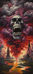 skull in the fire in the sky demonic night halloween horror - by generative ai