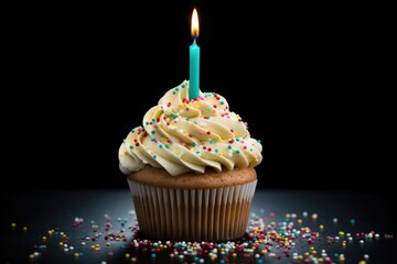delicious cupcake with sprinkles and a candle on a black background