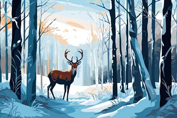 deer in winter forest wildlife illustration