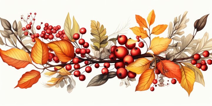 red and orange autumn leaves with rowanberry  on a white background