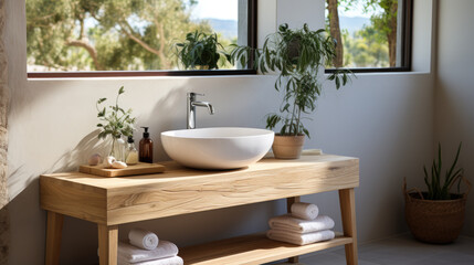 Generative ai illustration of white sink standing on a wooden vanity - obrazy, fototapety, plakaty