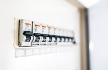 Close-up view of switches on fuse board.
