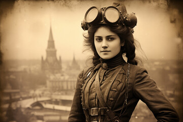 Young beautiful woman pilot 19th century - obrazy, fototapety, plakaty