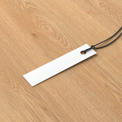 White long tag mockup on wooden background. Side view