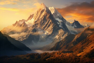 Golden hour sunrise over magnificent mountain peaks. Stunning landscape embodies the essence of travel and hiking adventure. Generative AI