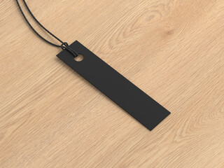 Black long tag mockup on wooden background. Side view