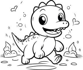 Cute Dinosaur running in the mud. Vector illustration for coloring book