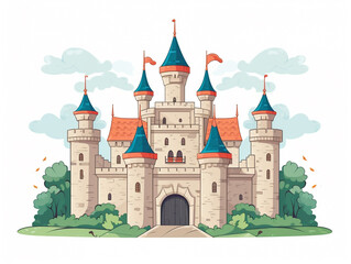 A medieval castle. It is located on a hill and there is a green landscape around it. Front elevation view. 2D flat illustration image.