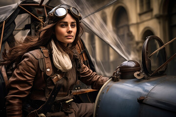Young beautiful woman pilot 19th century - obrazy, fototapety, plakaty