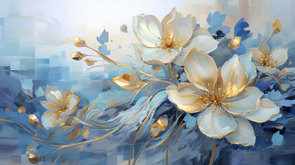 Fototapeta na wymiar a painting of white flowers on a blue background. Acrylic Painting of a Sapphire color flower, Perfect for Wall Art.