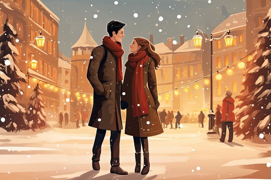 romantic couple on christmas market in winter illustration