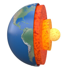 Earth core structure with geological layers 3d rendering