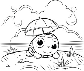 cute little turtle in the field with umbrella vector illustration graphic design